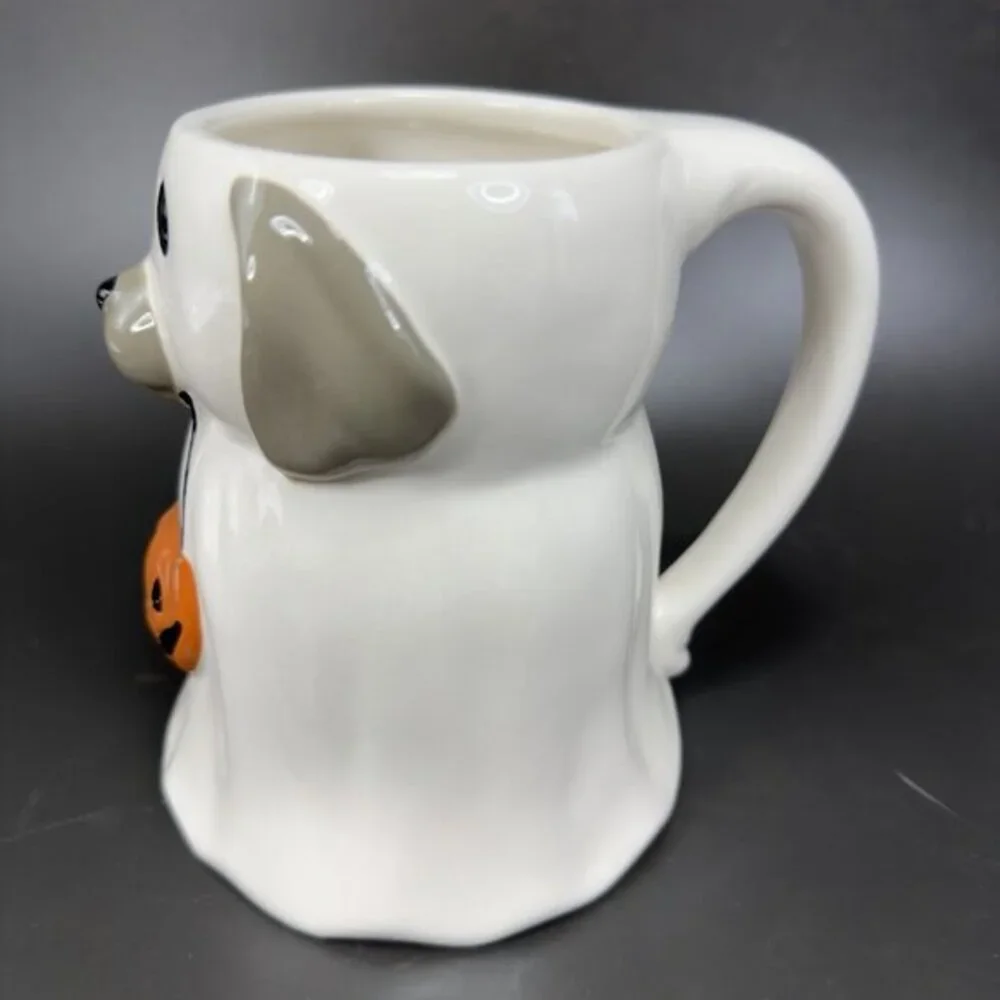Pottery Barn Ceramic Dog Ghost Holding A Pumpkin Coffee Mug Cup Whimsical 25oz‎